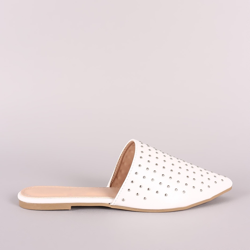 Studded Vegan Leather Pointy Toe Mule Flats white - Picture 3 of 6